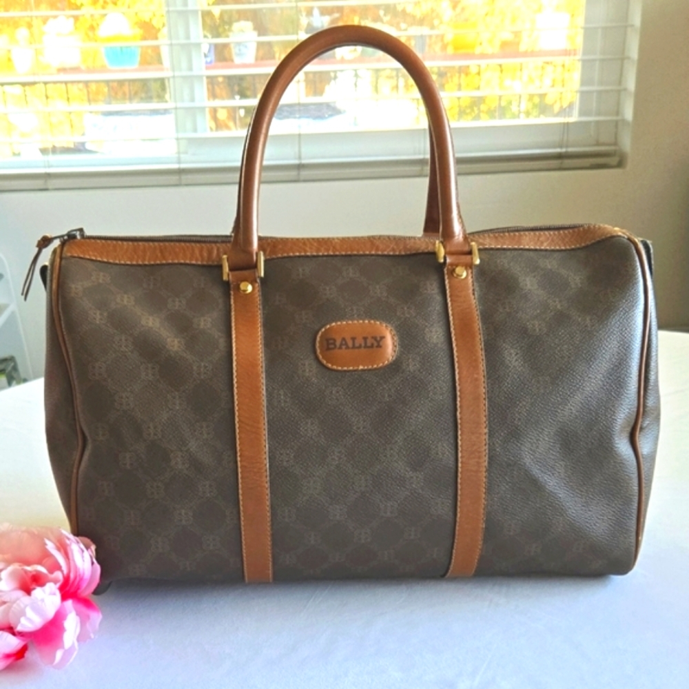 BALLY Boston Travel Bag Leather Monogram Vintage Duffle 16x9.5x8
